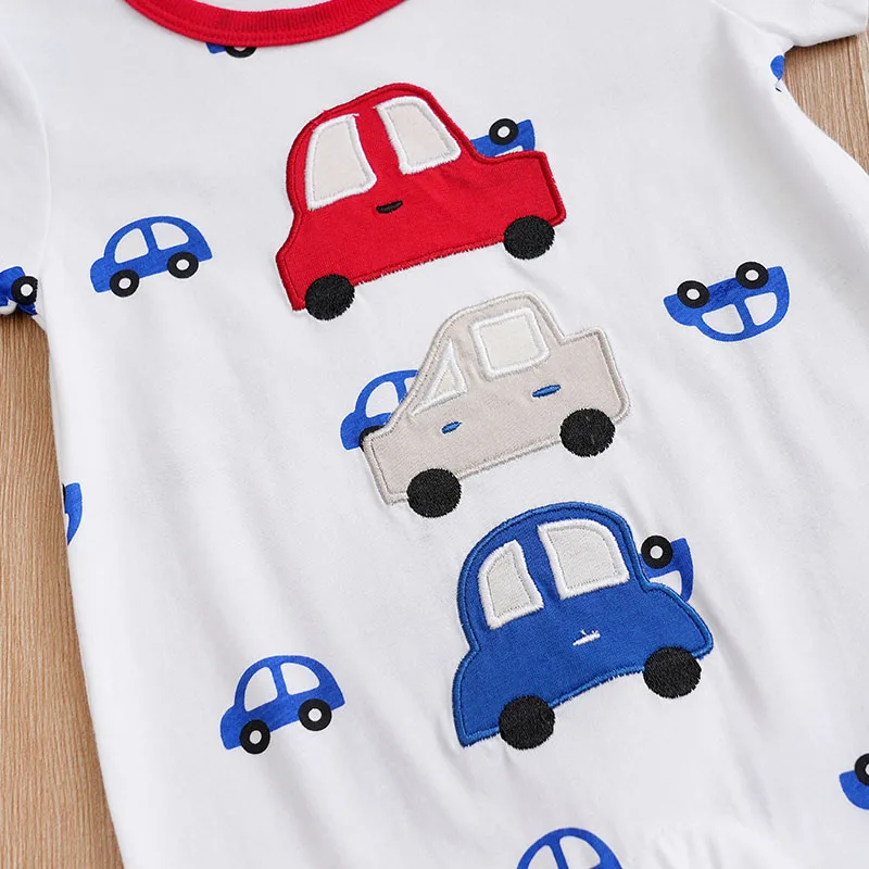 Summer Boys And Girls Cute Cartoon Car Embroidery Cotton Comfortable Casual Short Sleeve Baby Bodysuit