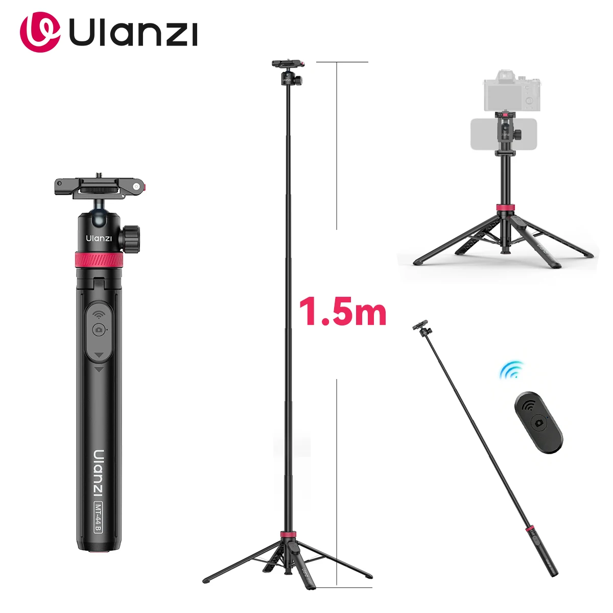 Ulanzi MT-44 B trépied de téléphone universel 1.5M configuration double caméra perche à Selfie avec Bluetooth sans fil pour Sony Canon iPhone Xiaomi