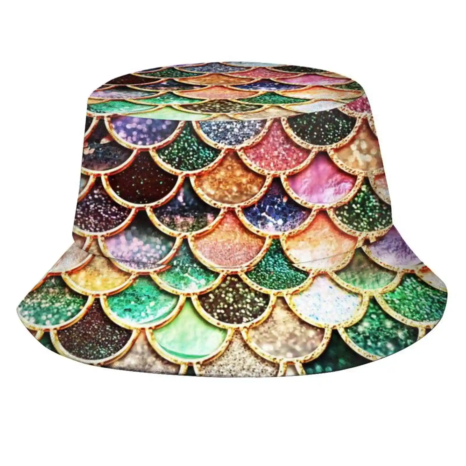 Copper Green Gold And Pink Sparkle Faux Glitter Mermaid Scales Sun Cap Fisherman Hat Bucket Hats Mermaidscales Mermaidpattern