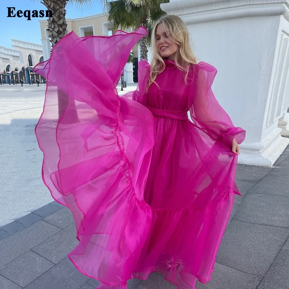 

A Line Fuchsia Organza Evening Dresses High Neck Prom Party Dress Tiered Long Sleeves Women Gowns Formal Party Dress Customized