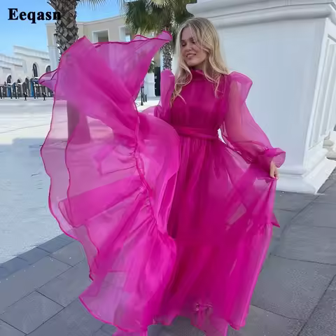 A Line Fuchsia Organza Evening Dresses High Neck Prom Party Dress Tiered Long Sleeves Women Gowns Formal Party Dress Customized