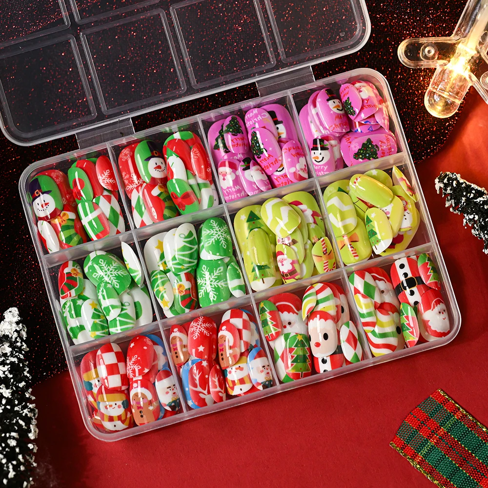 144個入り/箱 クリスマス ショート ラウンド つけ爪 可愛いサンタクロース 雪だるま 雪の結晶 フェイクネイル キッズ 女の子 クリスマス ネイルチップ