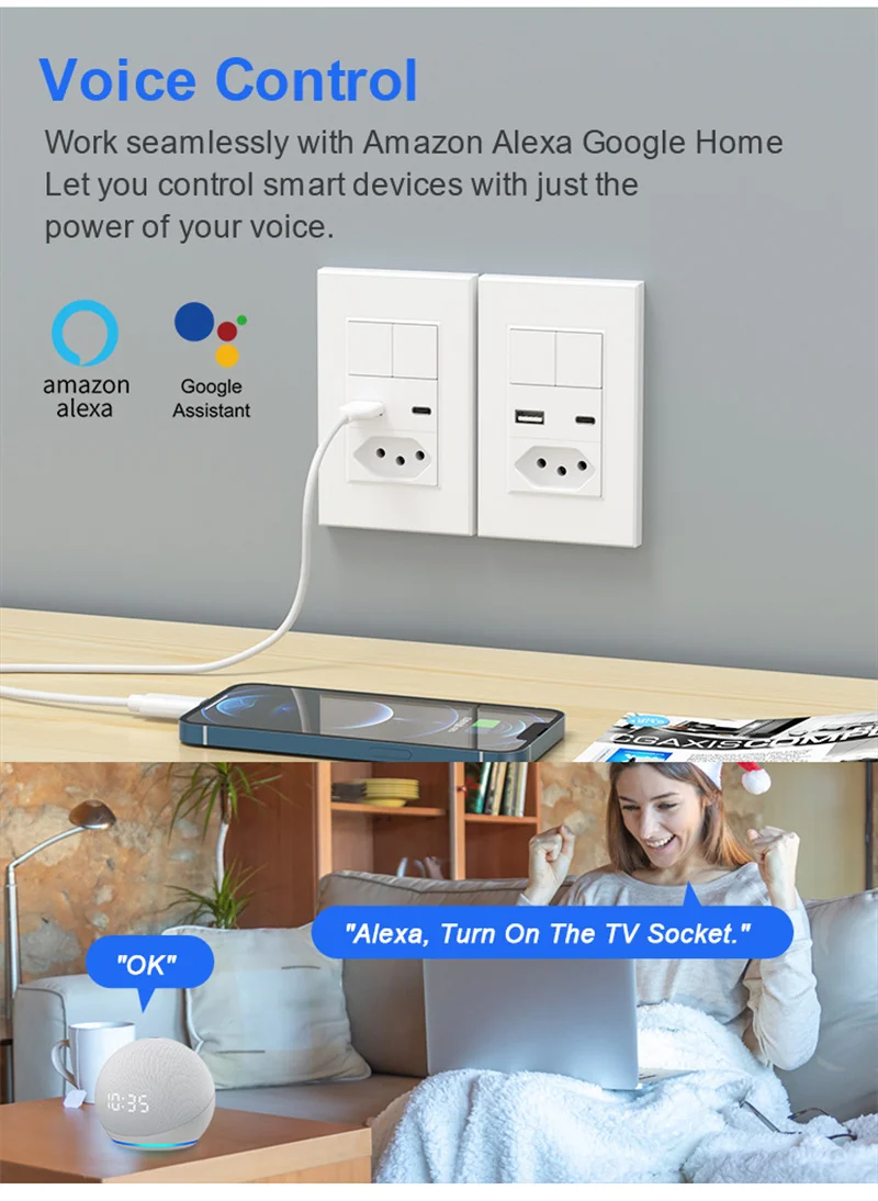 Brazil Smart Switch & Socket Tuya Wifi / Zigbee 2 Gang Button Smart Light Switch Outlet Voice Control work for Alexa Google Home