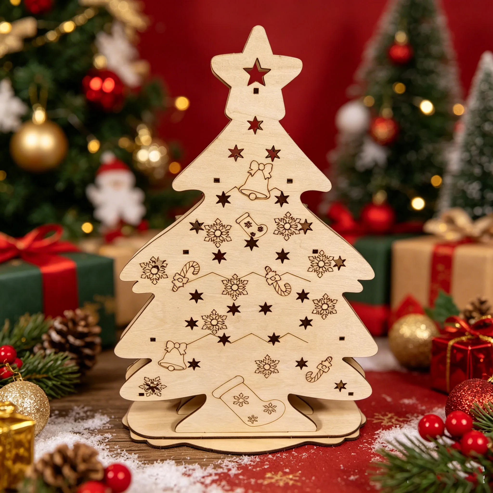 3D Wooden Puzzle Christmas Tree Cottage Handcrafted DIY Assembly Model Christmas Tabletop Decorative Ornament Festive Gift