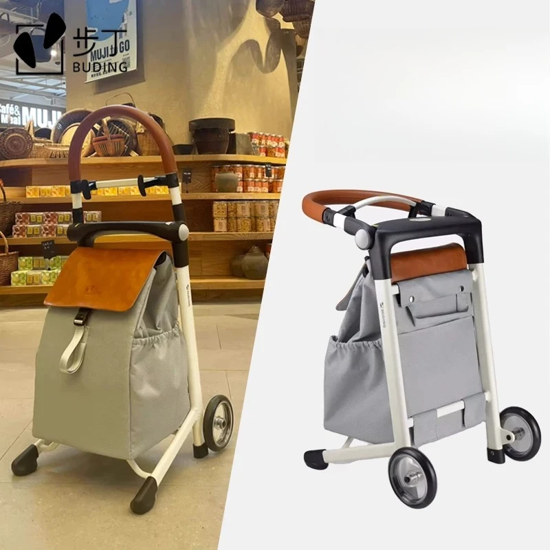 Aluminum Foldable Shopping Trolley with Seat for Elderly Lightweight Portable Cart Grocery Pulling Hand Truck Sitting Caddy