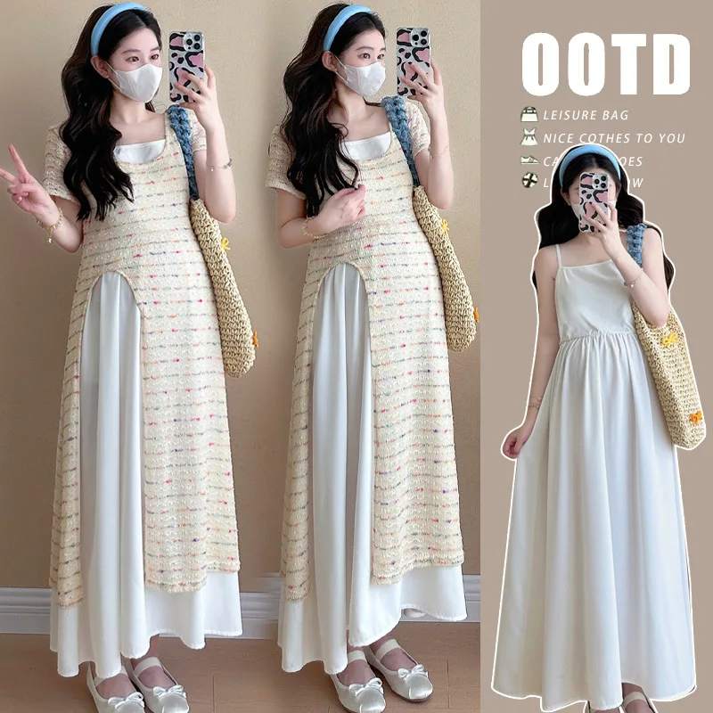 

2025 Summer Maternity Dress Set - Dopamine-Inspired Satin Slip Dress + Cover-Up for Pregnant Women, Elegant & Youthful Maxi