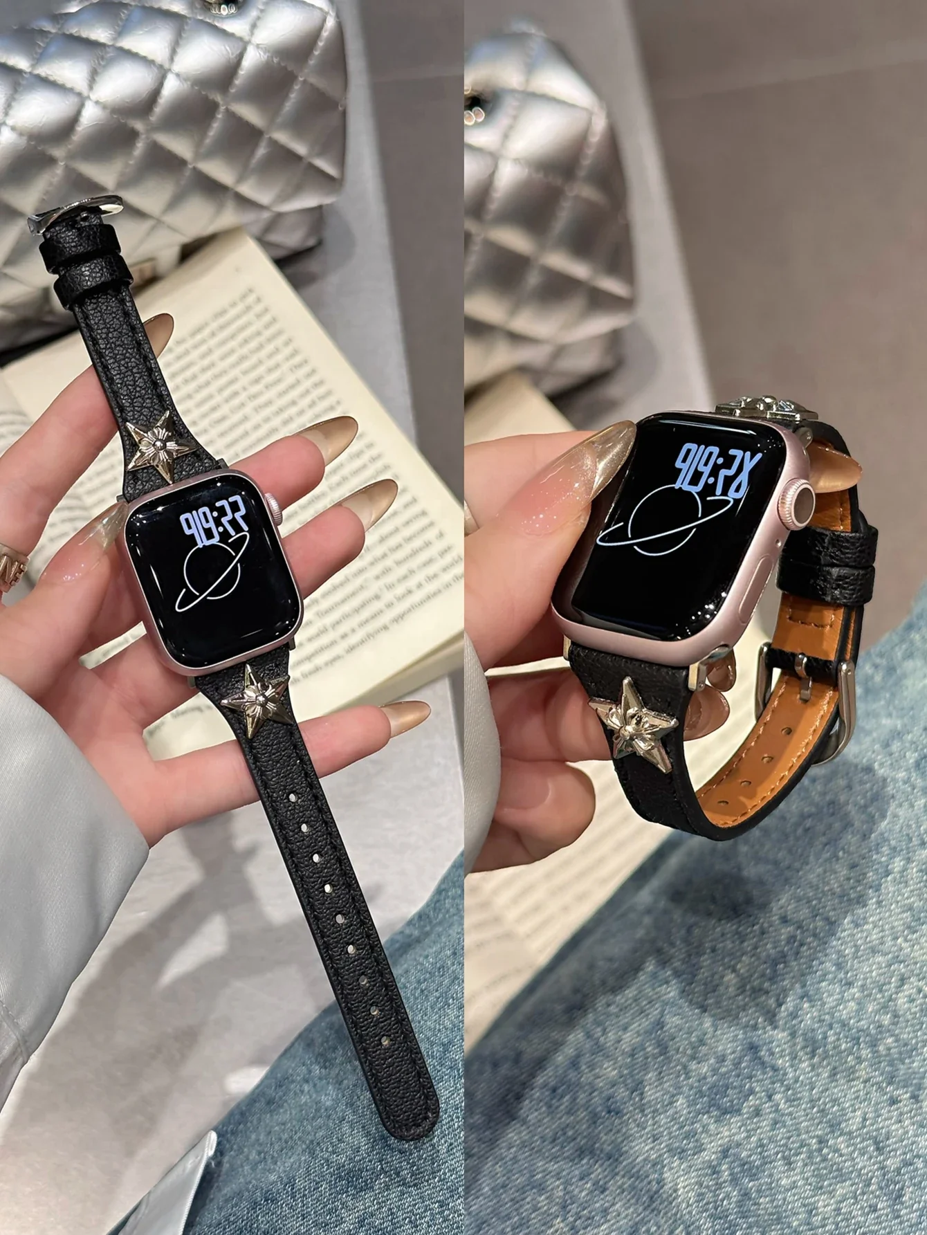 Модная кожаная петля со звездами для Apple Watch, женский ремешок 10/9/8/7/6/5/4/3/2/1 SE 38 мм 40 мм 41 мм 42 мм 44 мм 45 мм 46 мм 49 мм Ремешок