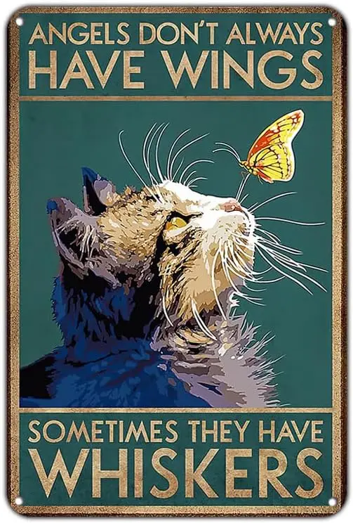 1p,Cat Metal Sign - Angels Don’t Always Have Wings - Vintage Tin Sign Home Decoration,  Inch
