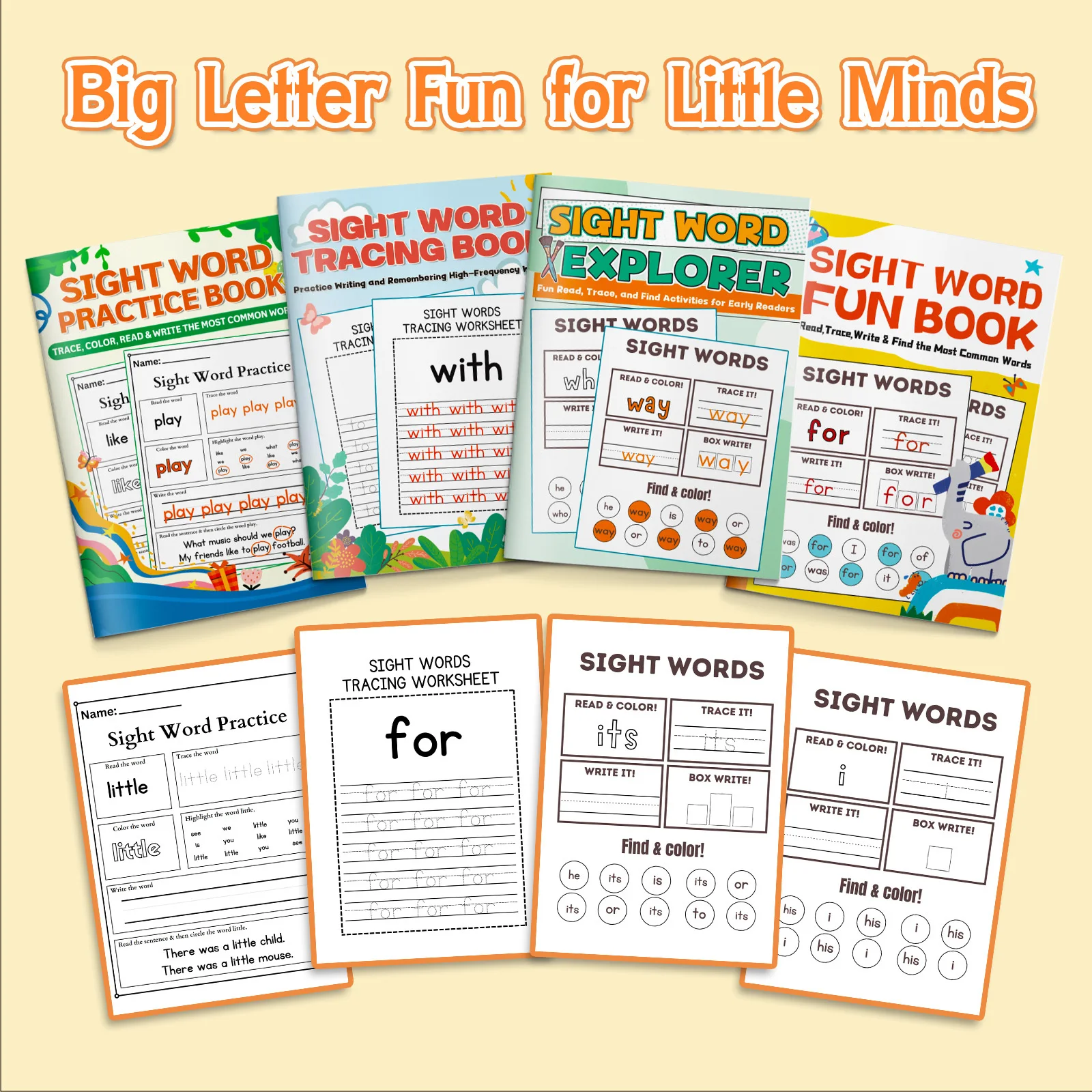 4-Book Large-Print Sight Word Tracing and Handwriting Workbook Set for Kids, Word Recognition, Reading