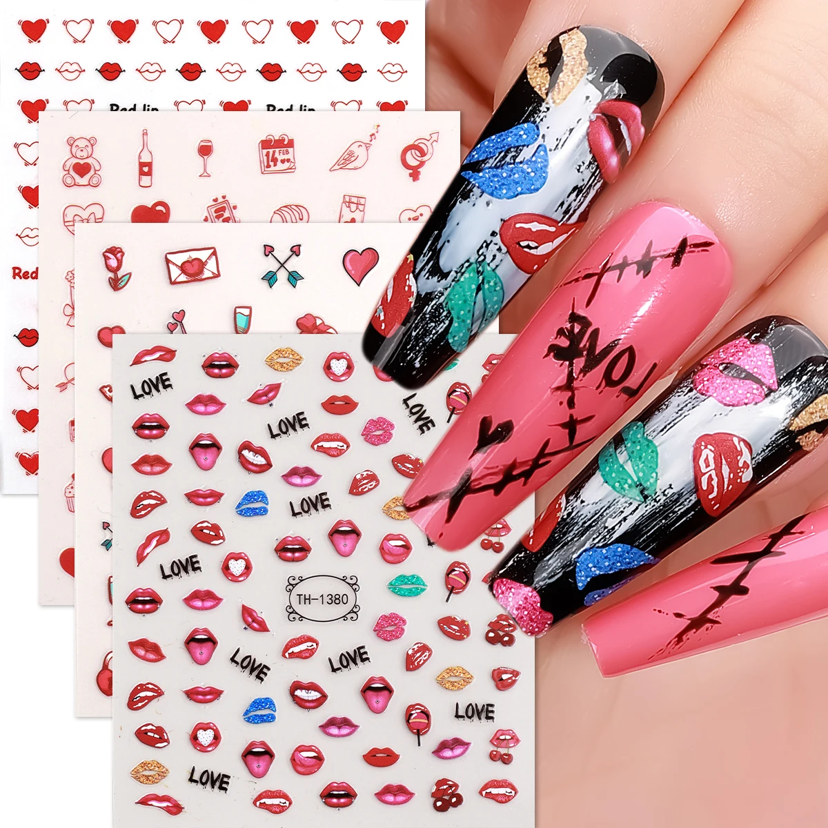 4pcs Sexy Red Lip Nail Art Stickers Heart Love Letter Dessert Self-Adhesive Decals for Valentine's Day Manicure DIY Decoration