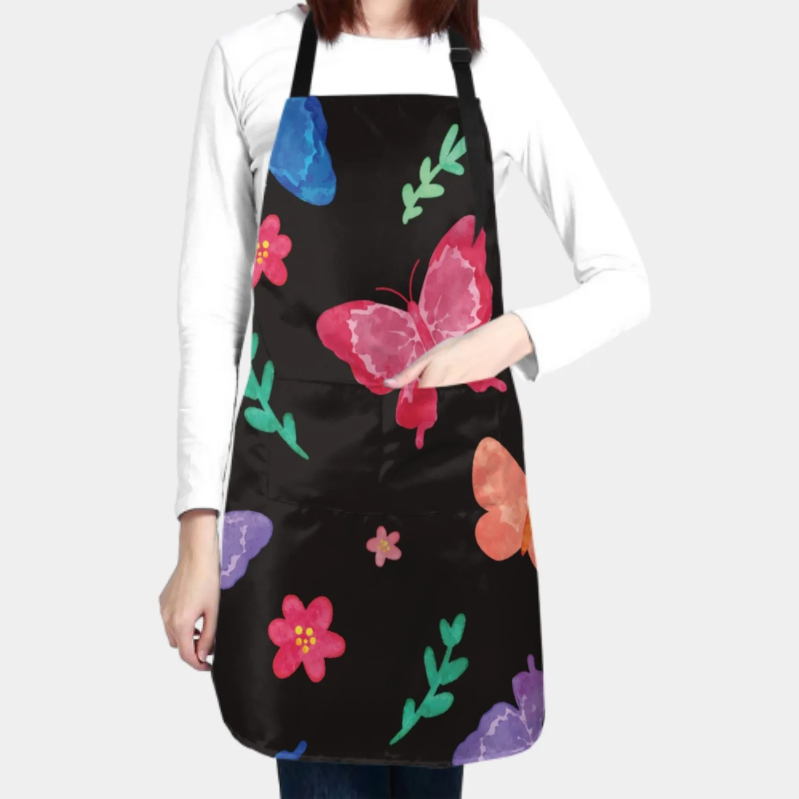 Colorful Waterproof Apron with 2 Pockets Kitchen Chef Apron Butterfly Apron for Hair Brushing Cooking Baking Painting Gardening