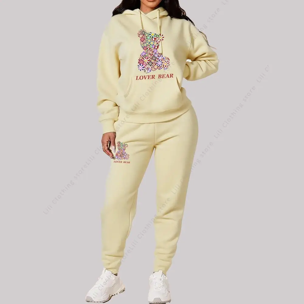 Women's Sets Hoodies Pants Outfits Suit 2025 New Sportswear Sweatsuit Bear Graphic Letter Print Aesthetic Trend Ladies Tracksuit