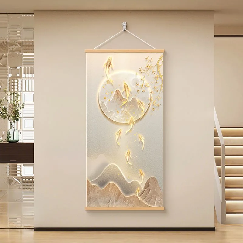 Ginkgo Leaf and Nine Koi Luxe Vertical Wall Scroll for Entryway