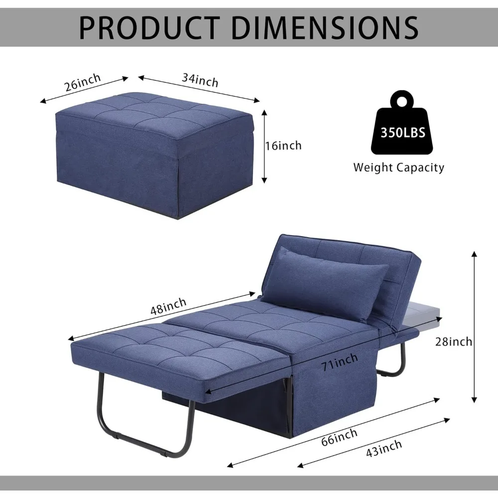 Folding Ottoman Breathable Linen Couch Bed with Adjustable Backrest Modern Convertible Chair for Living Room Apartm