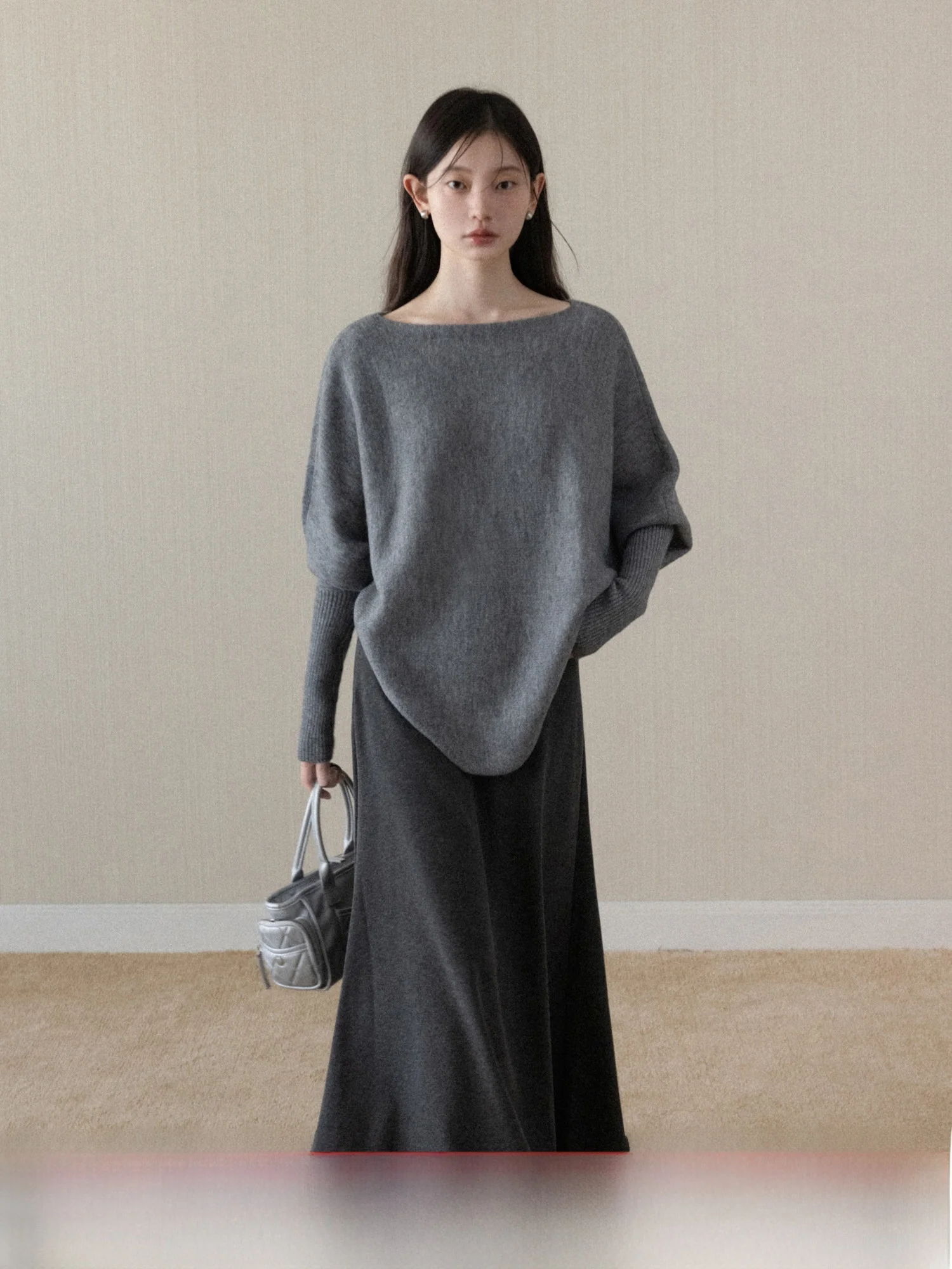 

Winter Women's Fashion Sweater Batwing Sleeve Fish Tail Skirt Set Breathable Casual Loose Fit mid Weight No