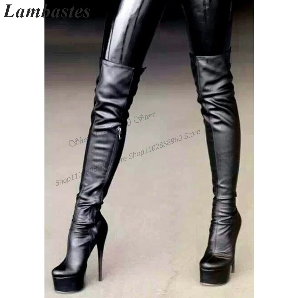 Over The Knee Black Platform Elastic Leather Boots Stilettos High Heel Women Shoes Side Zipper 2023 Fashionable Zapatillas Mujer