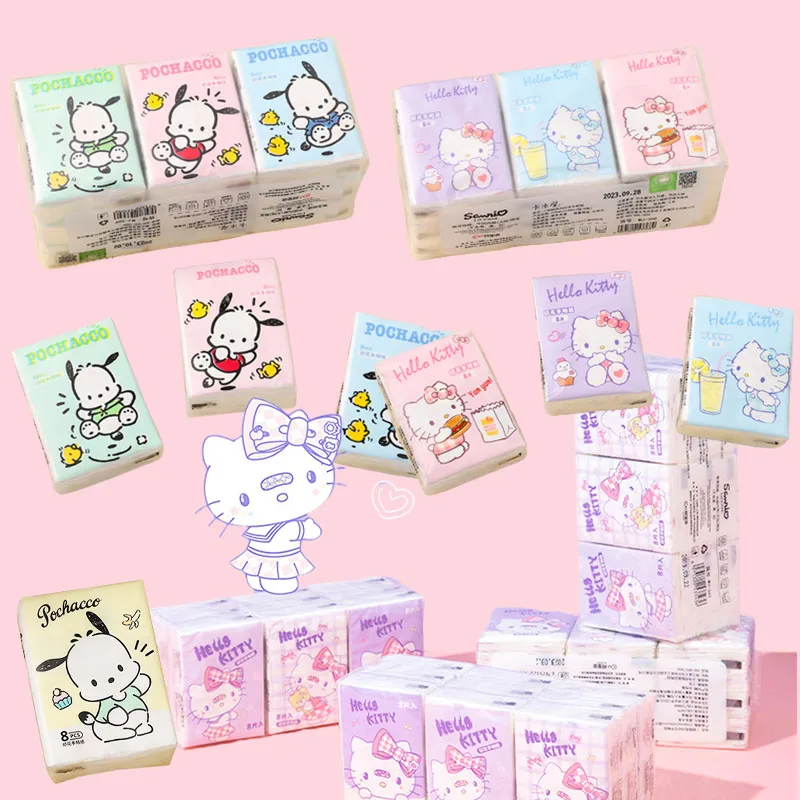 Kawaii Hello Kitty Handkerchief Paper Cartoon Sanrio Pochacco Kitty Printed Napkins Portable Small Pocket Tissues Facial Paper