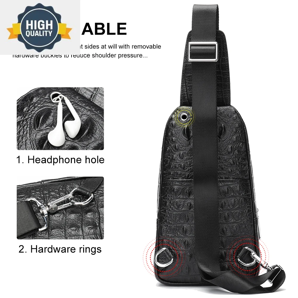 

Genuine Sling Leather Bag Anti-Thief Crossbody s Chest Pack Man Shoulder For Sport Crocodile Pattern Headphone Hole