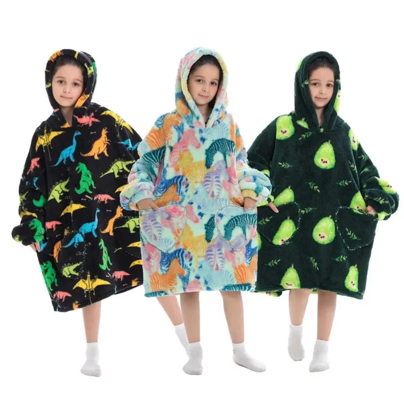 Flannel Oversized Hoodie Teenager Girls Boys Pullovers Winter Sweatshirts for Kid Children's Clothing Animal Wearable Blankets