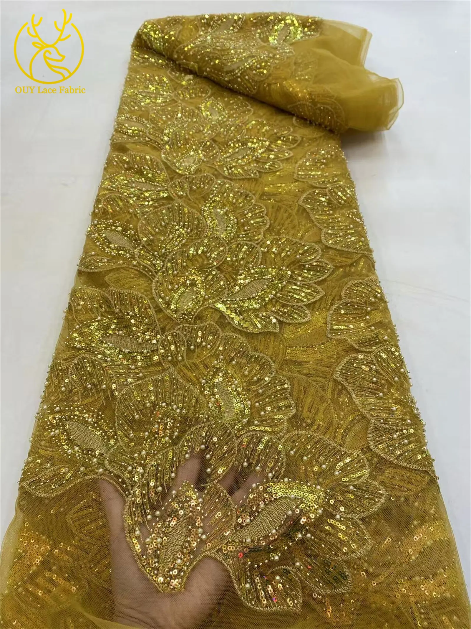 Eleganter afrikanischer Spitzenstoff mit Pailletten und Perlen, 5 Yards hochwertiger französischer Tüll-Spitzenstoff, nigerianischer Spitzenstoff für Braut- und Hochzeitsfeiern zum Nähen – Detail 7