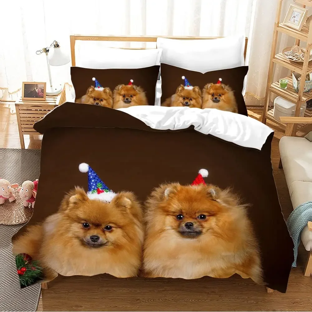 Pomeranian Duvet Cover Set Kawaii Dog Bedding Set for Pomeranian Lovers, Cute Cartoon Pet Comforter Cover Twin Queen King Size