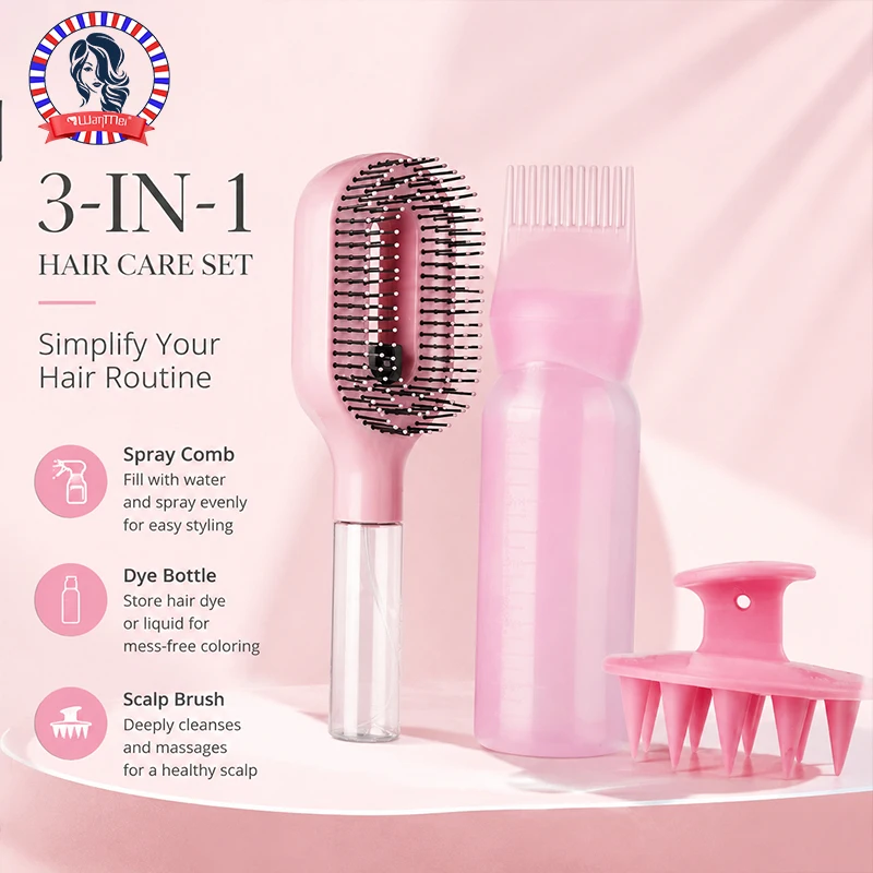 3Pcs Hair Care Set - Spray Detangler Brush, Root Comb Applicator Bottle & Scalp Massager for Wet Dry Hair Styling