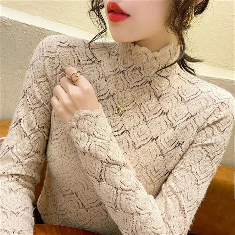 Half High Collar Lace Shirt Autumn And Winter New Brushed Shirt Mesh Top Plush Shirt Mother Warm Long Sleeve Top For Female LD