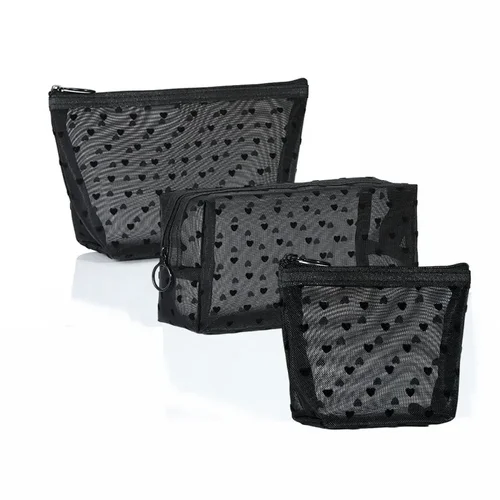 Imagen 2 del producto Bolsa de maquillaje transparente para mujer y niña, bolsa de almacenamiento de viaje para lavado, estuche organizador de maquillaje, bolsa de cosméticos de malla con corazón de amor, 1 Uds.