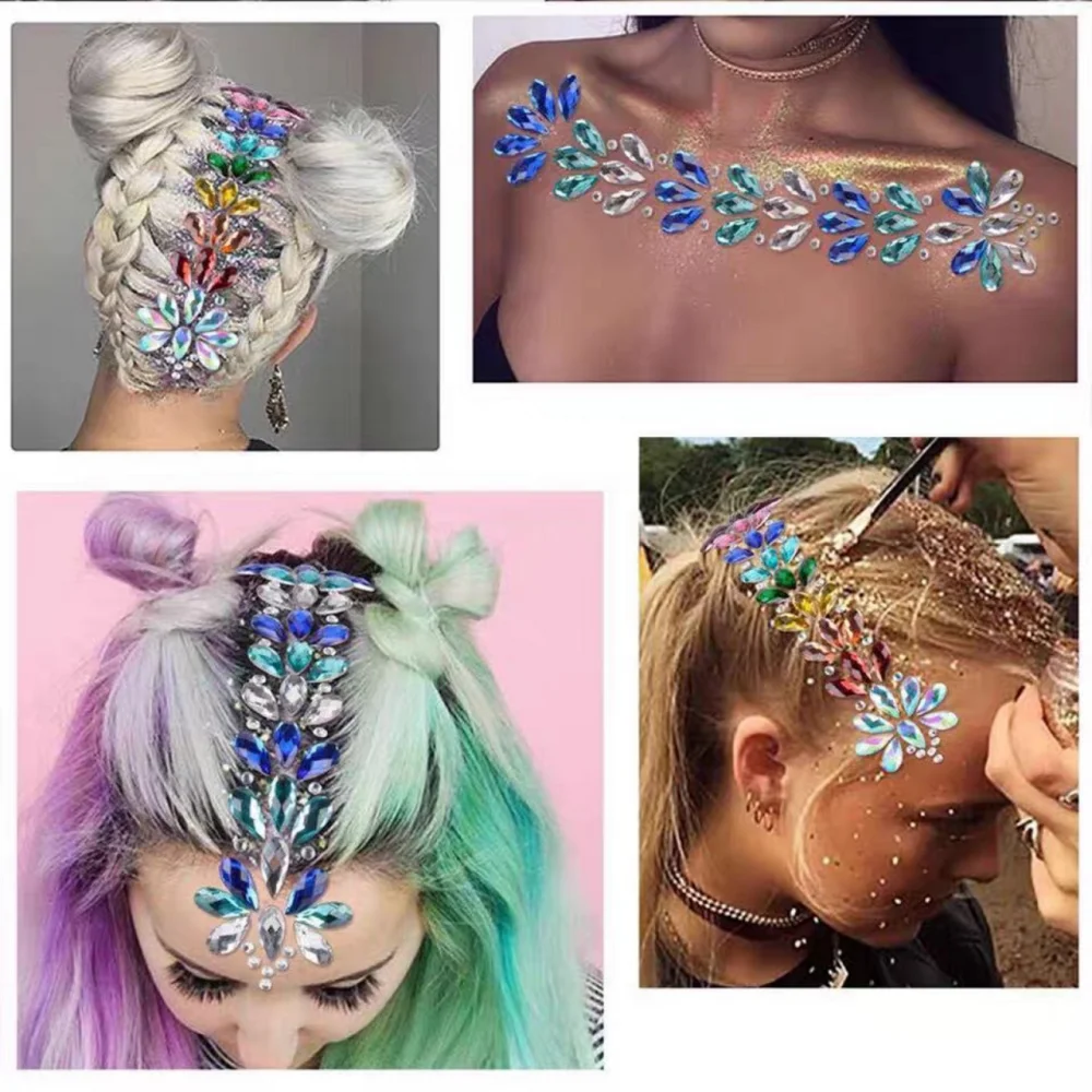 3D EDM Music Festival Tattoo Stickers Fashion Glitter Body Face Colored Rhinestone Hair Jewels Adhesive Crystal Forehead Sticker
