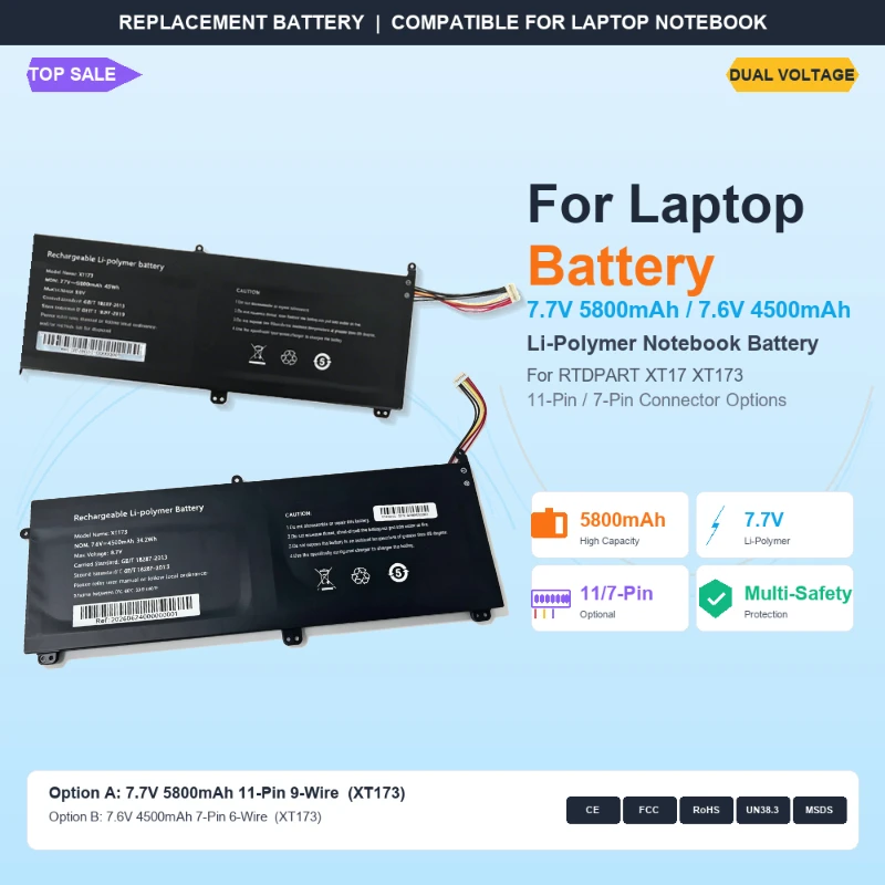 7.7V/7.6V 5800mAh/4500mAh Replacement Laptop Battery for RTDPART XT17 XT173, 11-Pin/7-Pin Connector Options, Li-Polymer Notebook