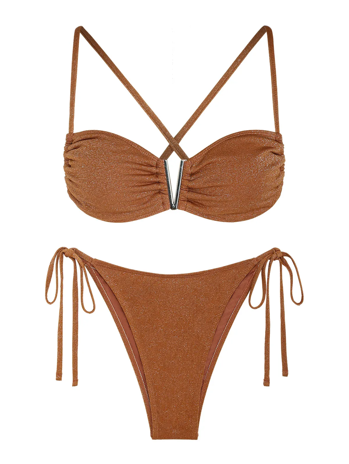 ZAFUL 여성 수영복, 반짝이는 반짝이 메탈릭 V 와이어 스트링 비키니 수영복