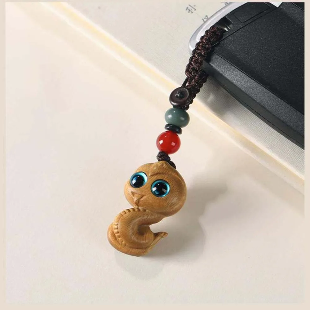 

Mini Zodiac Snake Keychain Cyan Eyes Waterproof New Year Carved Pendant Beads Weaving Rope Green Sandalwood Phone Chain Ornament