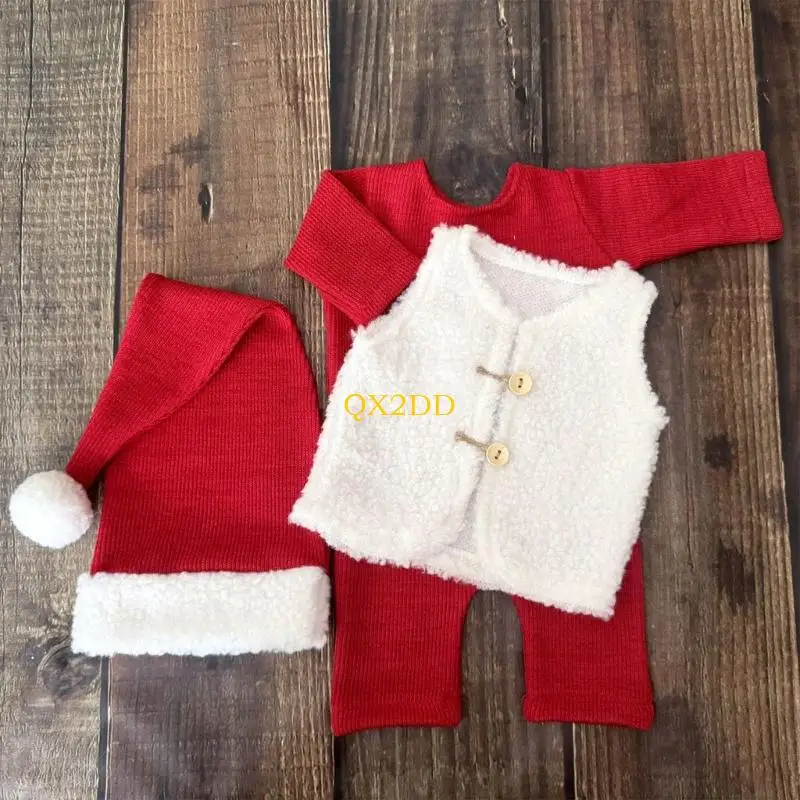 QX2D Baby Santa Clauses Photo Prop Outfit 3Pcs Comfortable Skin Friendly Newborn Attires