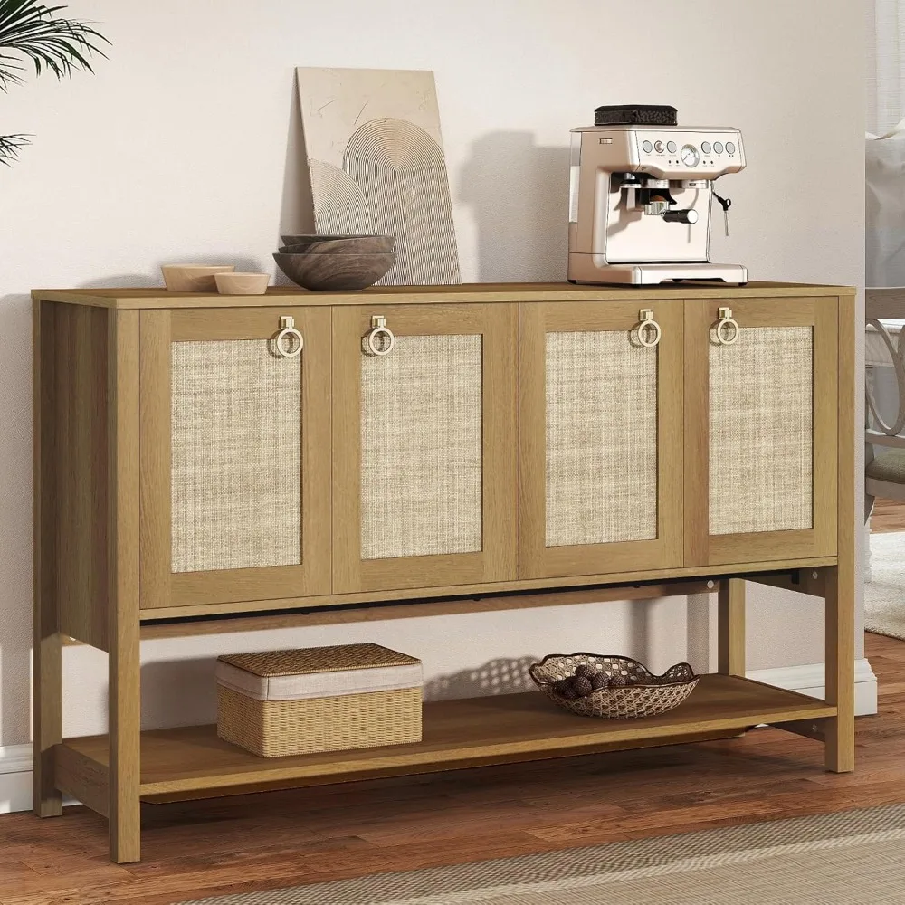 

Rattan Entryway Cabinet with Storage,55“ Boho Credenza Storage Cabinet with 4 Doors and Adjustable Shelf, Wood Coffee Bar Consol