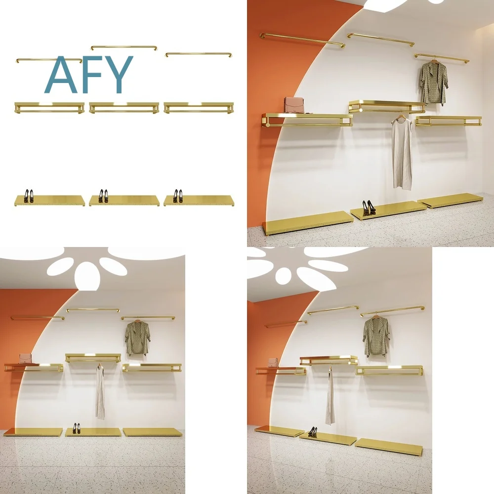 Clothing Display Stand for Apparel Store Wall Mounted Clothes Shelf Custom Boutique Gold Rack for Retail Shop Garment