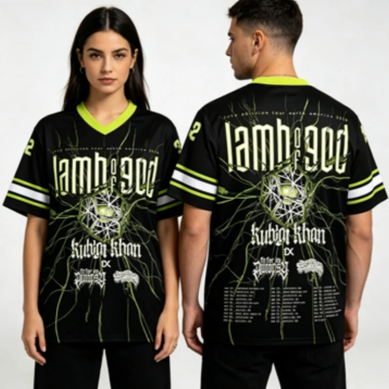 26 LAMB OF GOD Into Oblivion Tour Jersey Short Sleeve V-neck Loose Unisex T-shirt Heavy Mental Rock Band Print Parent-child Top