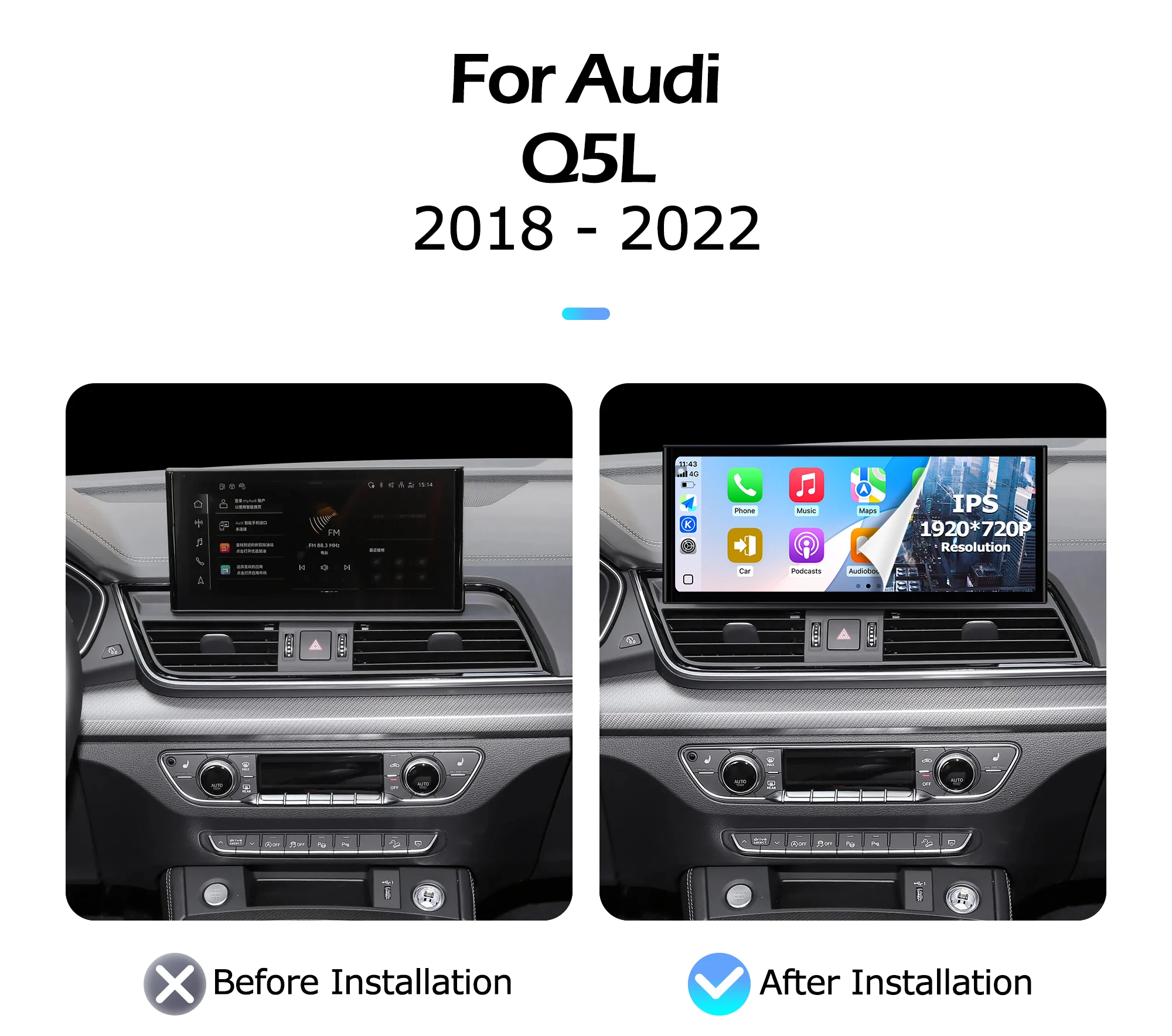 1920*720P Wireless CarPlay Android 15 12.3 inch For Audi Q5L 2018-2022 Lntelligent Multimedia Touch Screen GPS WIFI 4G Bluetooth