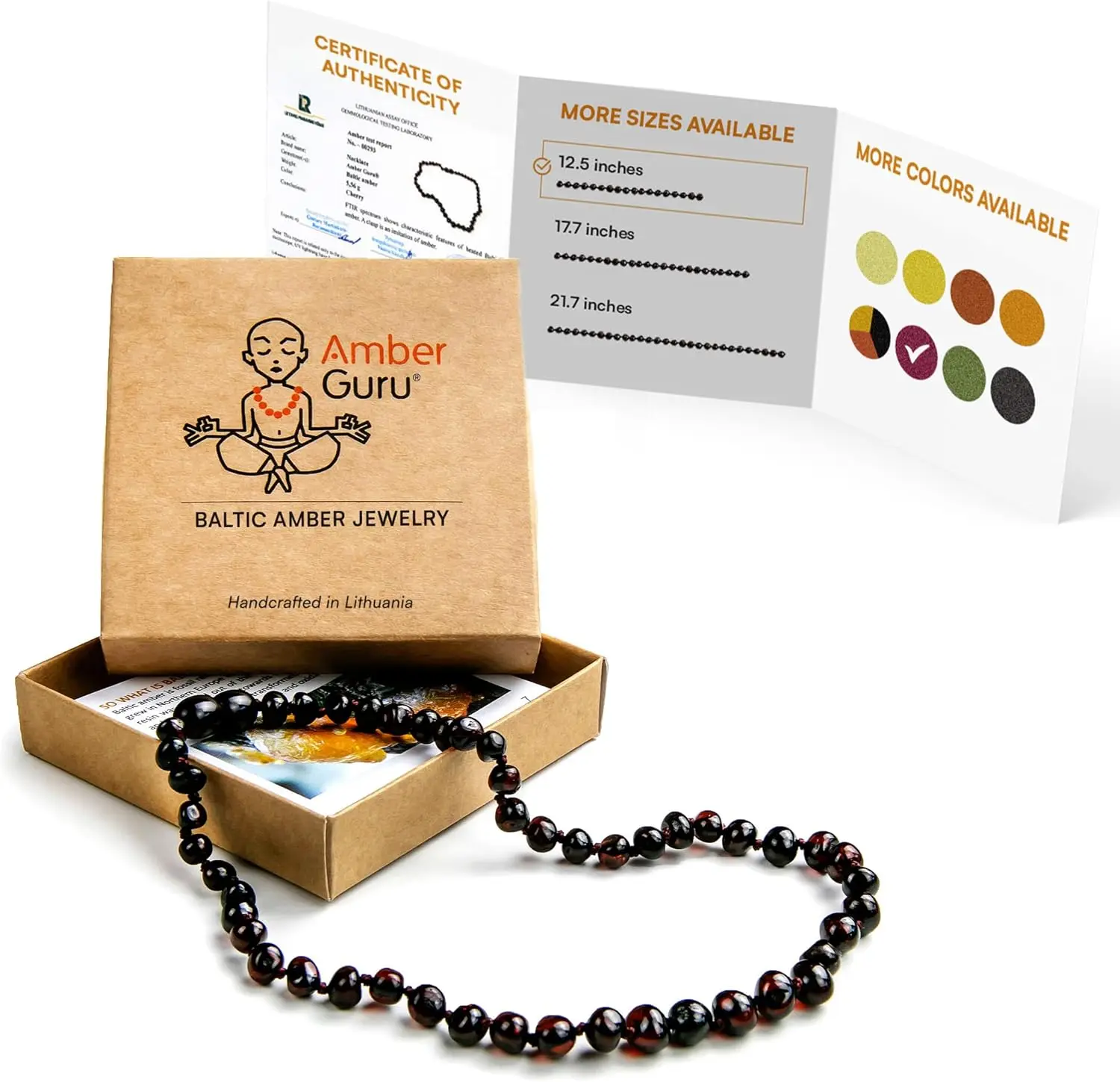 

Ожерелье из балтийского янтаря Amber Guru (подлинное, сертифицированное) - 12,5 дюймов - Унисекс украшение - Полированные бусины из натурального янтаря - Proud to D