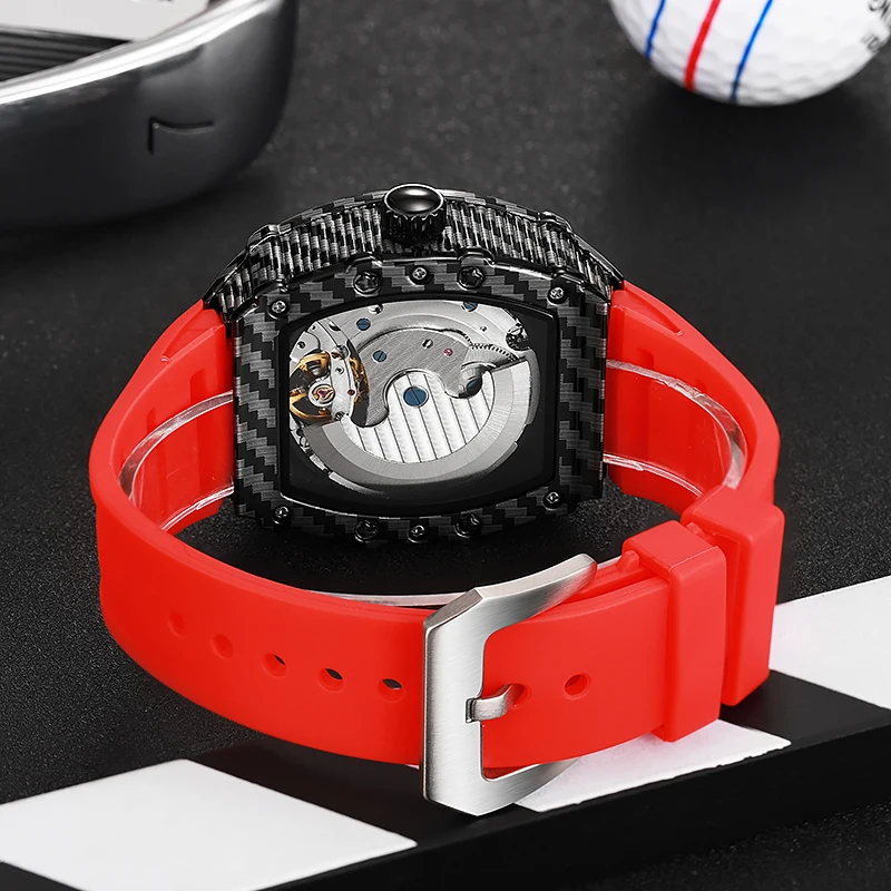 Dulunwe Tourbillon Design رجال الأعمال ساعة ميكانيكية موضة حزام مطاطي ساعات أوتوماتيكية للرجال Reloj Hombre