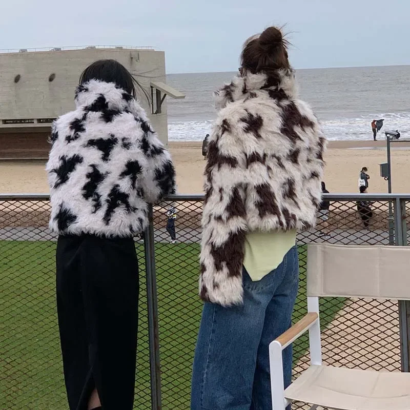 Autumn Winter Thick Hort Jackets Leopard Pattern Womens Clothing Fur Collar Lamb Wool Roll Imitation Coat Long Sleeve Short Tops
