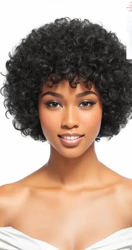 

Парик с короткими кудрями в стиле афро-пикси, натуральный черный, из человеческих волос, полностью машинной работы, естественный вид, заменяющий парик.