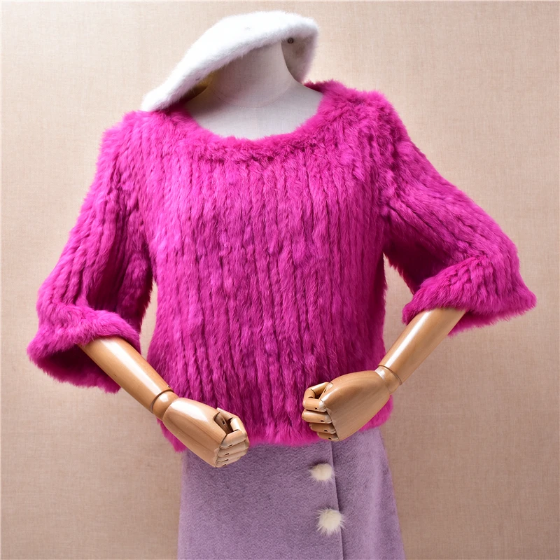

Женский осенне-зимний модный вязаный джемпер из розового волоса рекса с рукавами три четверти и круглым вырезом, тонкий джемпер, свитер