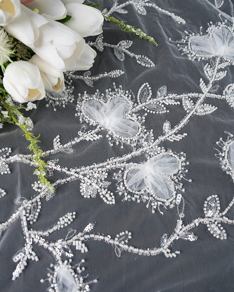 Exquisite Beaded Fabric With Crystal Beads Sparkling Sequins Tulle Fabric With Embroidered Flowers Wedding Dress Bridal Veils