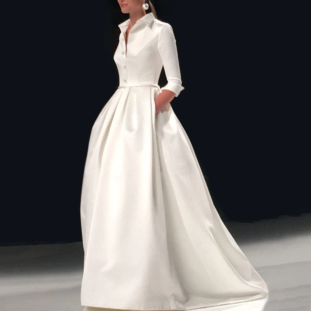 

Women's Solid Lapel Elegant Dress Half-open Button Long Sleeves High Waist Slim Fit Maxi Dress Ruched A-Line Hem Wedding Dresses