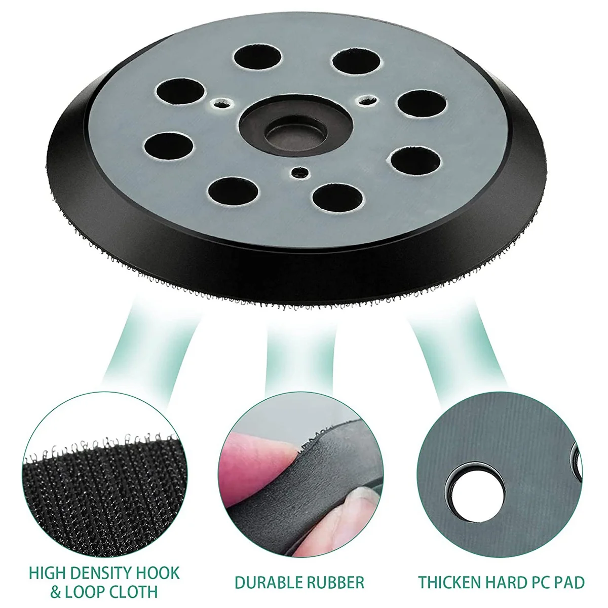 Round Hook and Loop Substituição Sander Base Pads, Backing Pad, Orbital Sander, 125mm, 8 Buraco, 2Pcs