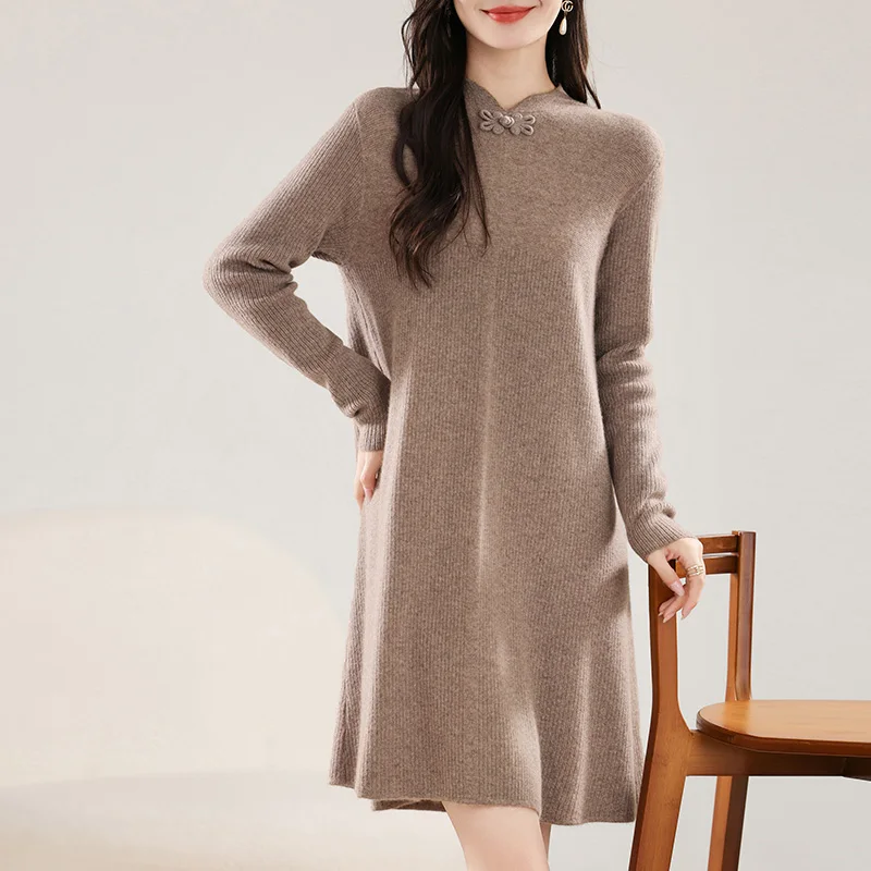 New 100% Merino Wool Knitted Women\'s Dress Hot Selling in Winter  Autumn and Winter Women\'s Dress Slimming Long Women\'s Dress