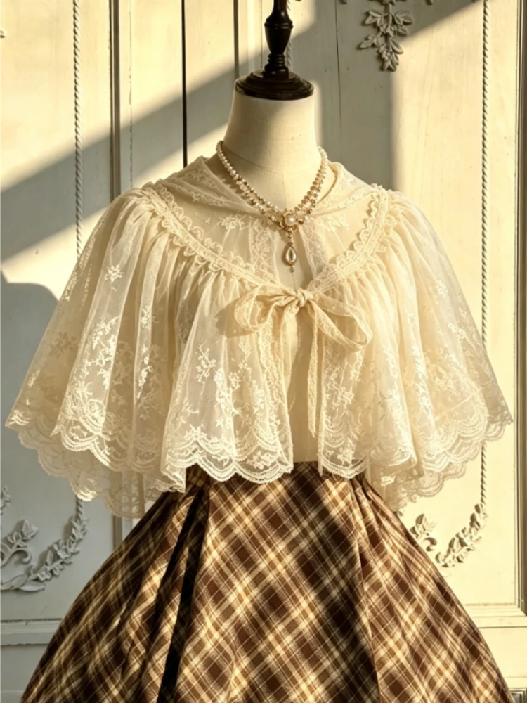 Sweet Lolita Lace Shawl Womens Drawstring Doll Collar Blouse Japanese Retro Embroidery Shirts Versatile Kawaii Casual Cardigan