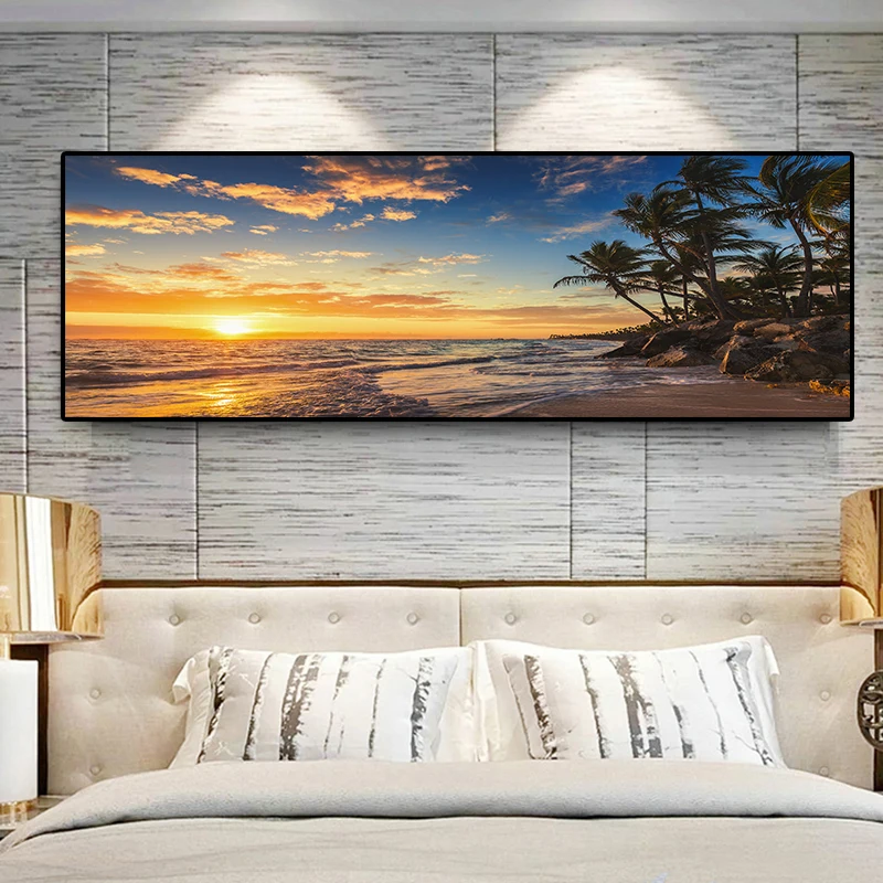 Sunset Natural Sea Beach Coconut Palm Panoramic Landscape Canvas Painting Posters and Prints Wall Art Pictures for Living Room