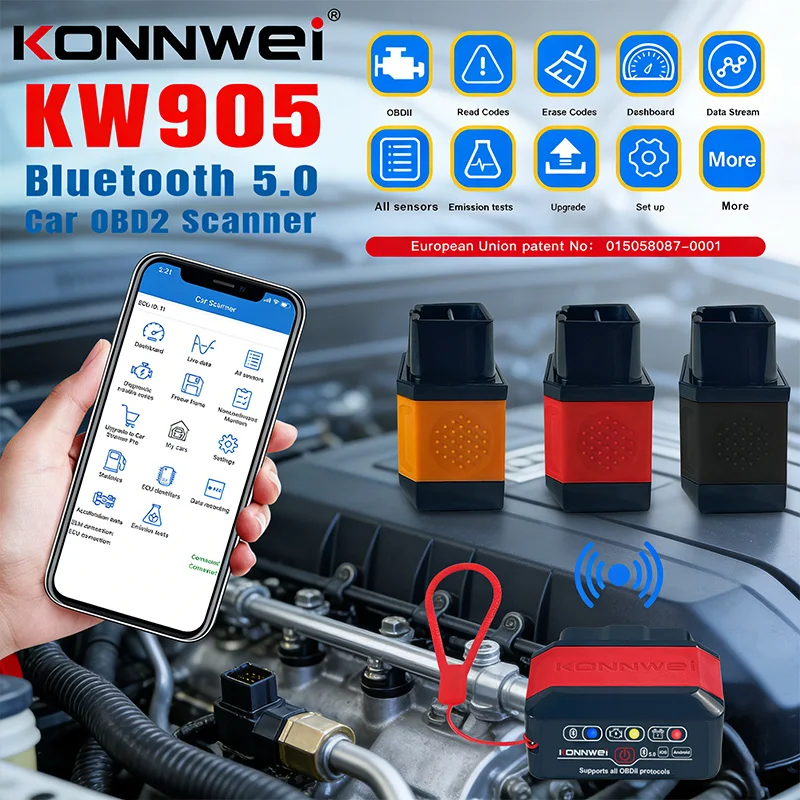 2026 KONNWEI KW905 ELM327 OBD2 Scanner Bluetooth 5.0 Engine Fault Scanner Tool OBDII Code Reader Diagnostic Tool for Android/IOS
