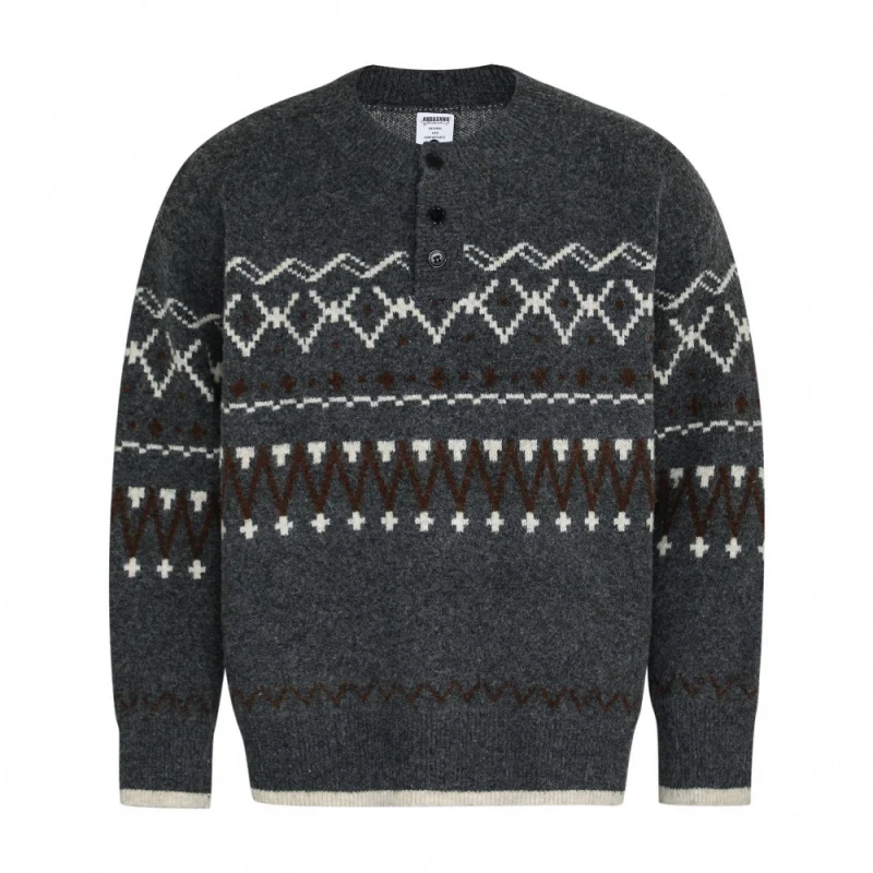 

Men's Gray Fair Isle Knit Sweater, 2025 Autumn New Warm Thermal Button-Down Casual Outerwear